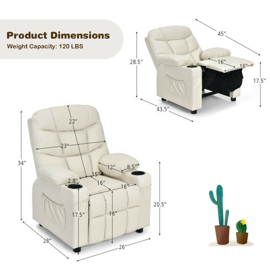 PU Leather Kids Recliner Chair with Cup Holders and Side Pockets-Beige