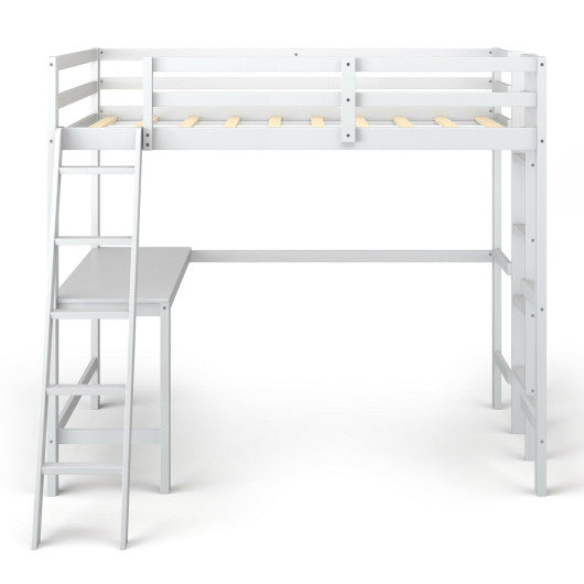 Twin Size Loft Bed Frame with Desk Angled and Built-in Ladder-White