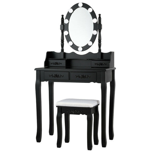 Makeup Dressing Table with Touch Switch Lighted Mirror and Cushioned Stool-Black