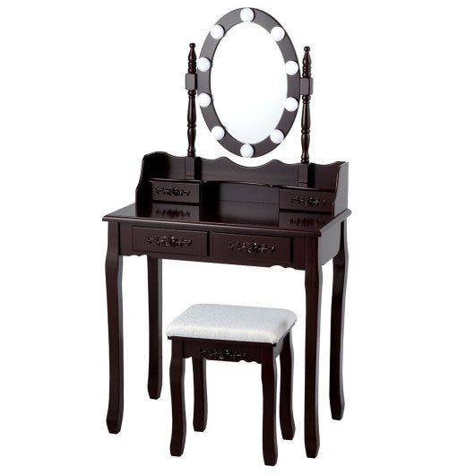 Makeup Dressing Table with Touch Switch Lighted Mirror and Cushioned Stool-Brown