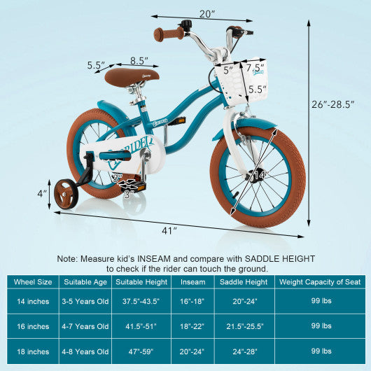 14 Inch Kid's Bike with Removable Training Wheels and Basket-Blue