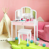 Kids Princess Make Up Dressing Table with Tri-folding Mirror and Chair-White