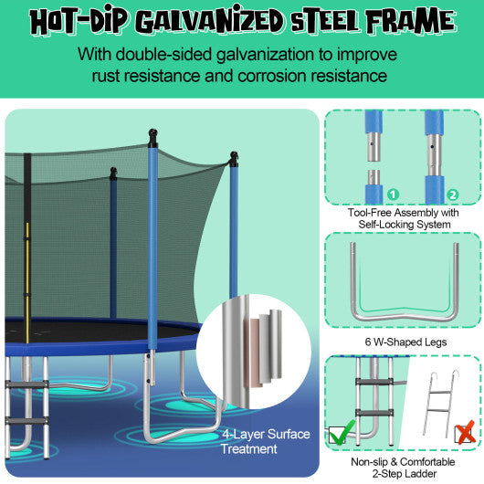 12/14/15/16 Feet Outdoor Recreational Trampoline with Ladder and Enclosure Net-15 ft