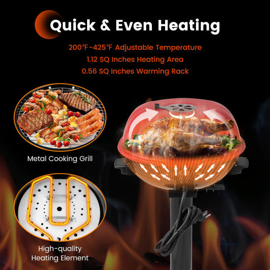 1600W Electric BBQ Grill with Removable Non-Stick Warming Rack-Red