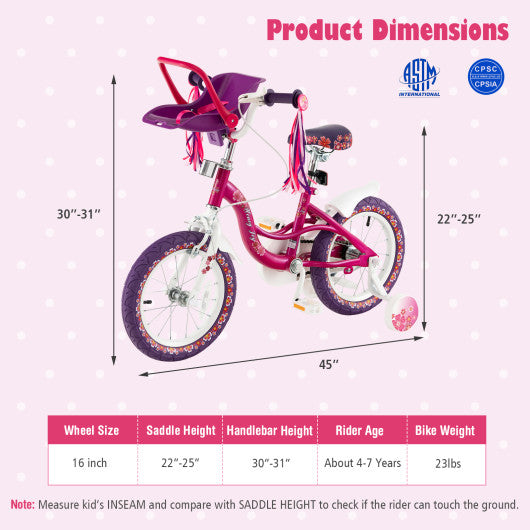 Kids Bike with Doll Seat and Removable Training Wheels-M