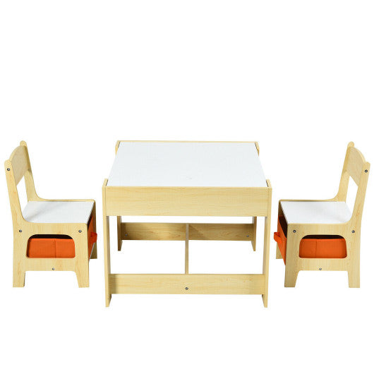 Kids Table Chairs Set With Storage Boxes Blackboard Whiteboard Drawing-Natural