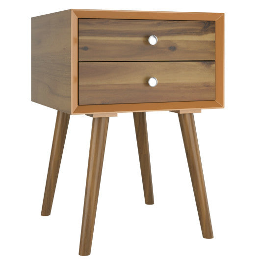 Wooden Nightstand Mid-Century End Side Table with 2 Storage Drawers-Natural
