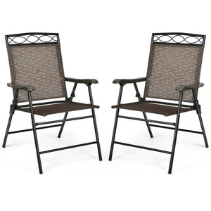 Set of 2 Patio Folding Chairs Sling Portable Dining Chair Set with Armrest