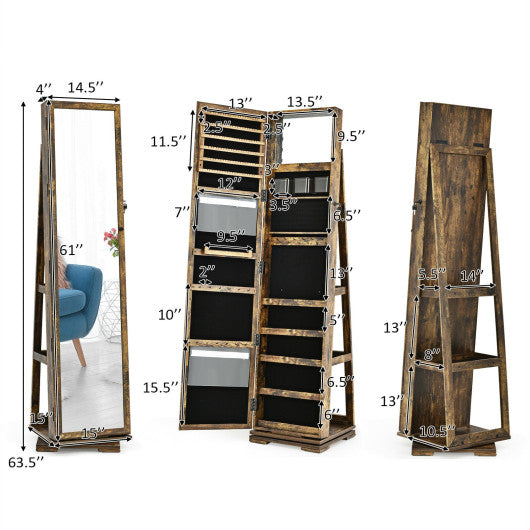 360 ° Rotatable 2-in-1 Lockable Jewelry Cabinet with Full-Length Mirror-Rustic Brown