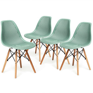 4 Pieces Modern Plastic Hollow Chair Set with Wood Leg-Green