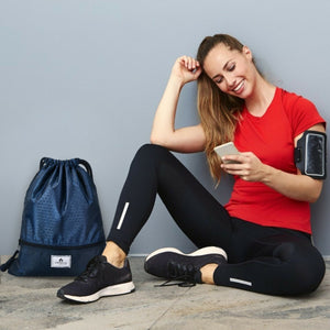 Drawstring Backpack String Bag Foldable Sports Sack with Zipper Pocket-Dark Blue