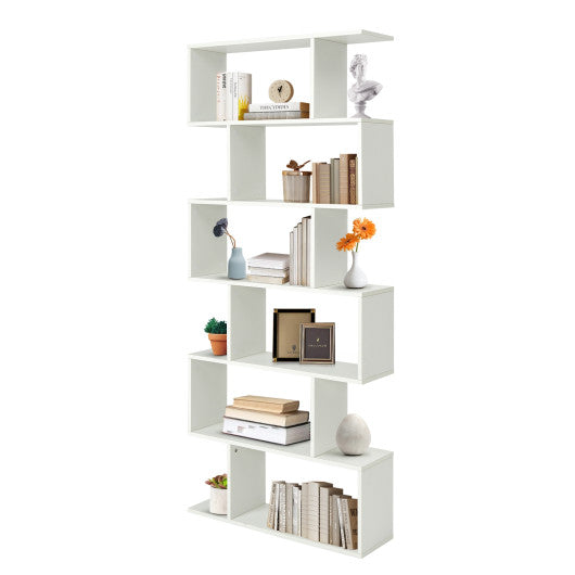 6 Tier S-Shaped Bookshelf Storage Display Bookcase Decor Z-Shelf -White
