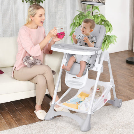 Baby Convertible Folding Adjustable High Chair with Wheel Tray Storage Basket -Gray