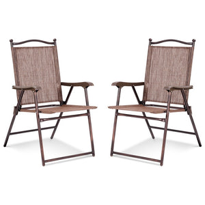 Set of 2 Patio Folding Sling Back Camping Deck Chairs-Brown