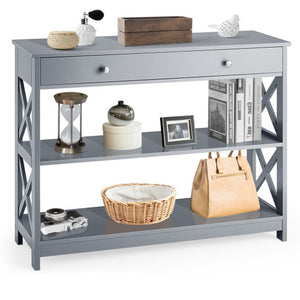 Console Table 3-Tier with Drawer and Storage Shelves-Gray