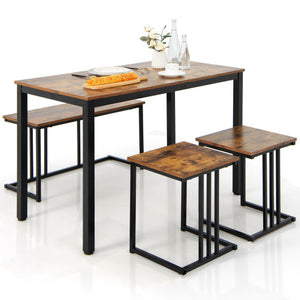 4 Pieces Industrial Dining Table Set with Bench and 2 Stools-Brown