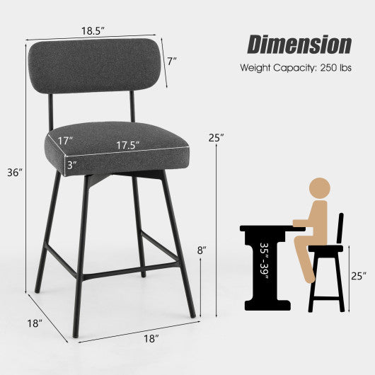 25" 2-Piece Modern Upholstered Bar Stools with Back and Footrests-Gray
