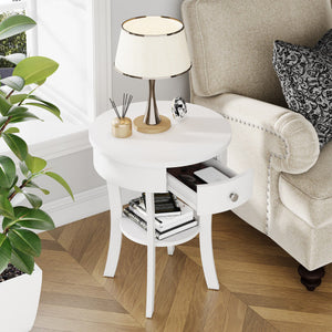 2-Tier Wood Round End Table with Open Drawer-White