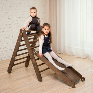 2in1 Montessori Climbing Frame Set: Triangle Ladder + Slide Board/Ramp – Chocolate
