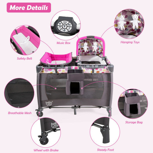 4-in-1 Convertible Portable Baby Playard Newborn Napper with Music and Toys-Pink