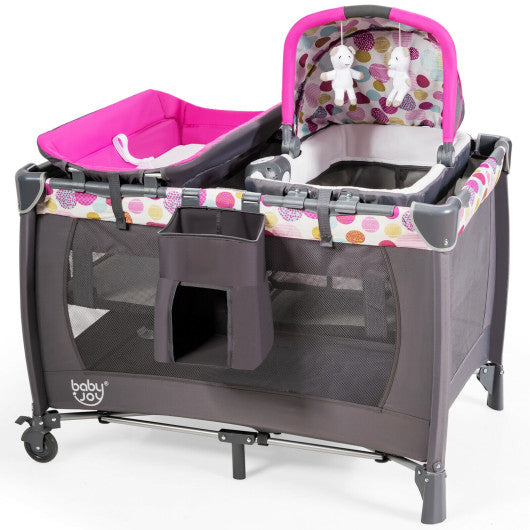 4-in-1 Convertible Portable Baby Playard Newborn Napper with Music and Toys-Pink