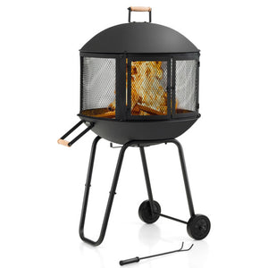 28 Inch Portable Fire Pit on Wheels with Log Grate-Black