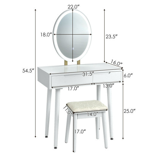 Touch Screen Vanity Makeup Table Stool Set with Lighted Mirror-White