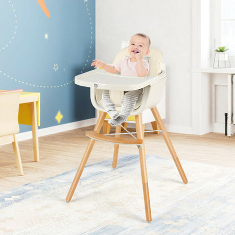 3-in-1 Convertible Wooden High Chair with Cushion-Beige