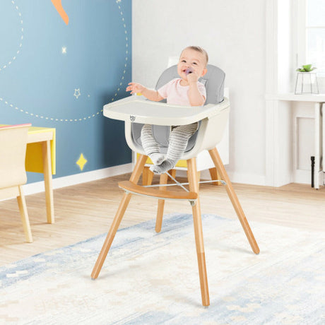 3-in-1 Convertible Wooden High Chair with Cushion-Gray