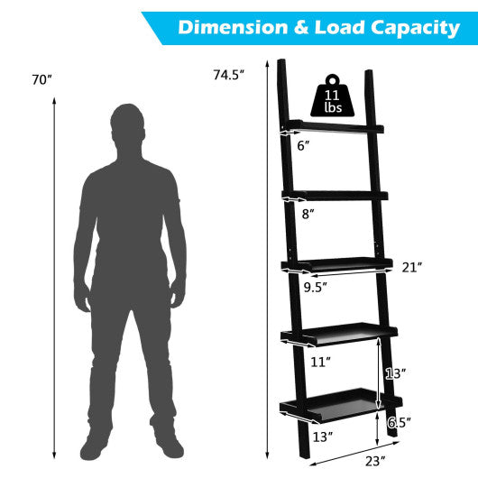 5-Tier Wall-leaning Ladder Shelf  Display Rack for Plants and Books-Black