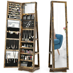 360 ° Rotatable 2-in-1 Lockable Jewelry Cabinet with Full-Length Mirror-Rustic Brown