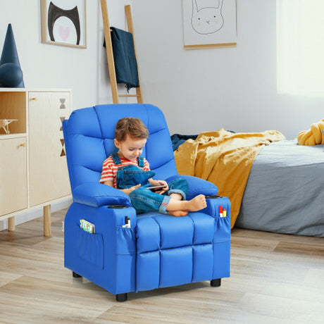 PU Leather Kids Recliner Chair with Cup Holders and Side Pockets-Blue