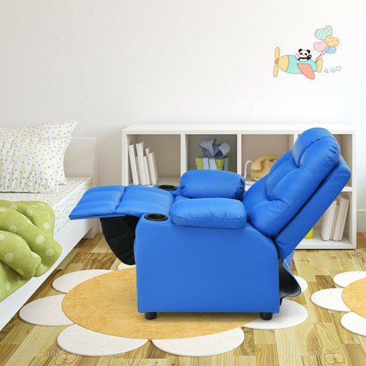PU Leather Kids Recliner Chair with Cup Holders and Side Pockets-Blue