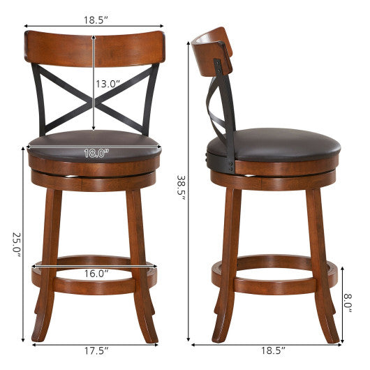 Set of 2 Bar Stools 360-Degree Swivel Dining Bar Chairs with Rubber Wood Legs-25 inch