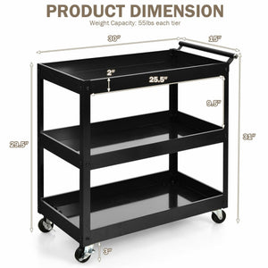 3-Tier Utility Cart Metal Mental Storage Service Trolley-Black