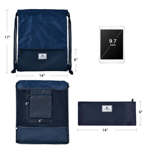 Drawstring Backpack String Bag Foldable Sports Sack with Zipper Pocket-Dark Blue
