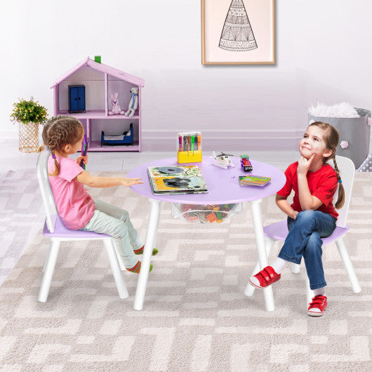 Wood Activity Kids Table and Chair Set with Center Mesh Storage for Snack Time and Homework-Purple