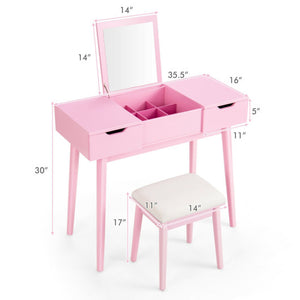 Makeup Vanity Table Set with Flip Top Mirror and 2 Drawers-Pink