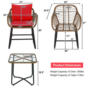 3 Pieces Patio Rattan Bistro Set Cushioned Chair Glass Table Deck-Red