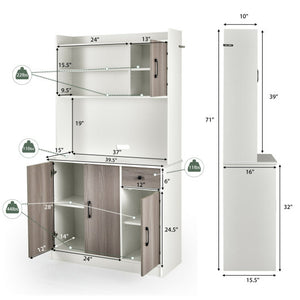4-Door Freestanding Kitchen Buffet with Hutch and Adjustable Shelves-White