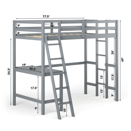 Twin Size Loft Bed Frame with Desk Angled and Built-in Ladder-Gray