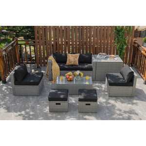 8 Pieces Patio Rattan Furniture Set with Storage Waterproof Cover and Cushion-Black
