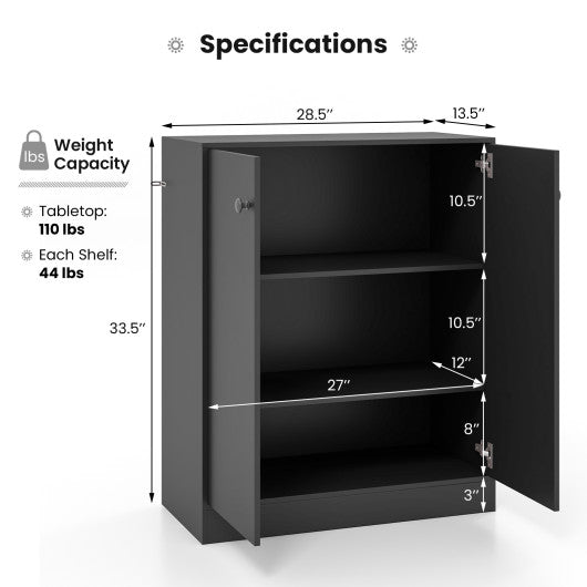 2-Door Modern Floor Storage Cabinet with 3-Tier Shelf-Black