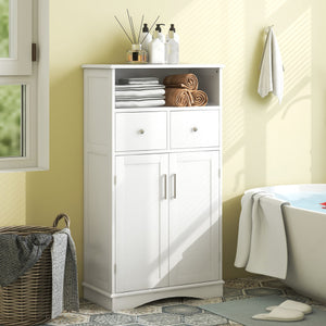 2 Doors Freeestanding Bathroom Floor Cabinet with 2 Drawers and Adjustable Shelves-White