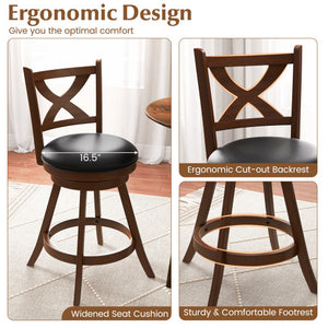 2 Pieces Classic Counter Height Swivel Bar Stool Set with X-shaped Open Back-24 Inch