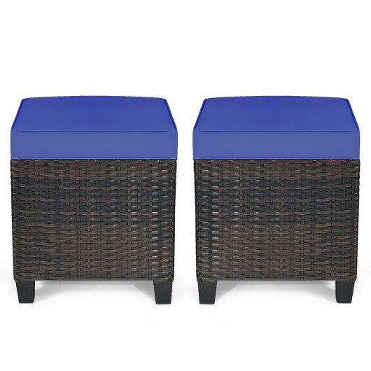 2 Pieces Patio Rattan Ottoman Set with Removable Cushions-Navy
