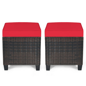 2 Pieces Patio Rattan Ottoman Set with Removable Cushions-Red