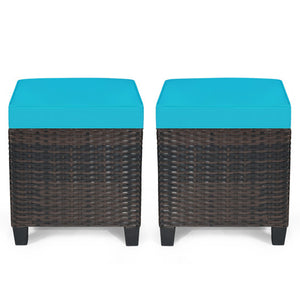 2 Pieces Patio Rattan Ottoman Set with Removable Cushions-Turquoise