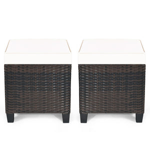 2 Pieces Patio Rattan Ottoman Set with Removable Cushions-White