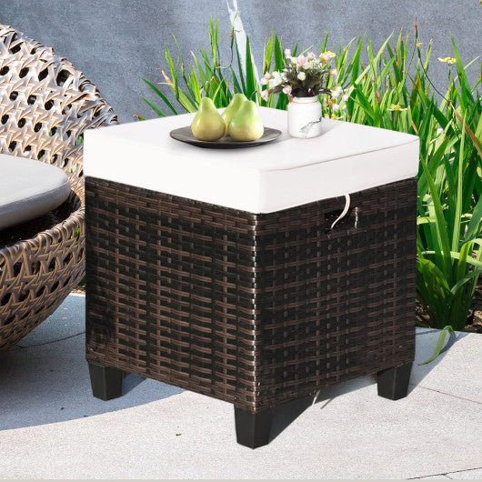 2 Pieces Patio Rattan Ottoman Set with Removable Cushions-White